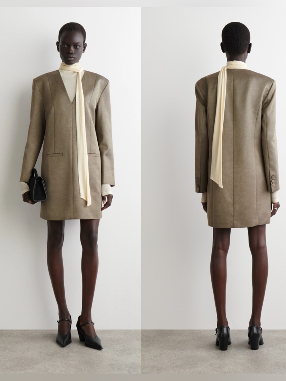 COS Metallized Wool Blend Tuxedo Dress Bronze V Neck Mini‎ EU 34 US 2 NWT
